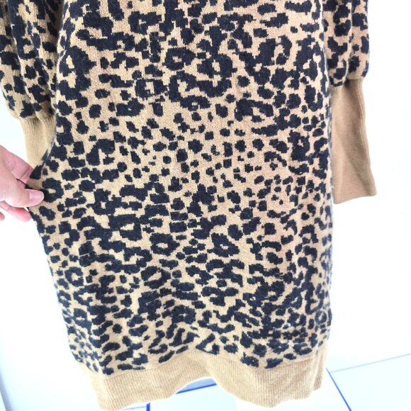 LOFT Black Brown Cheetah Print Crew Neck Wool Blend Fuzzy Sweater Dress - Picture 3 of 8